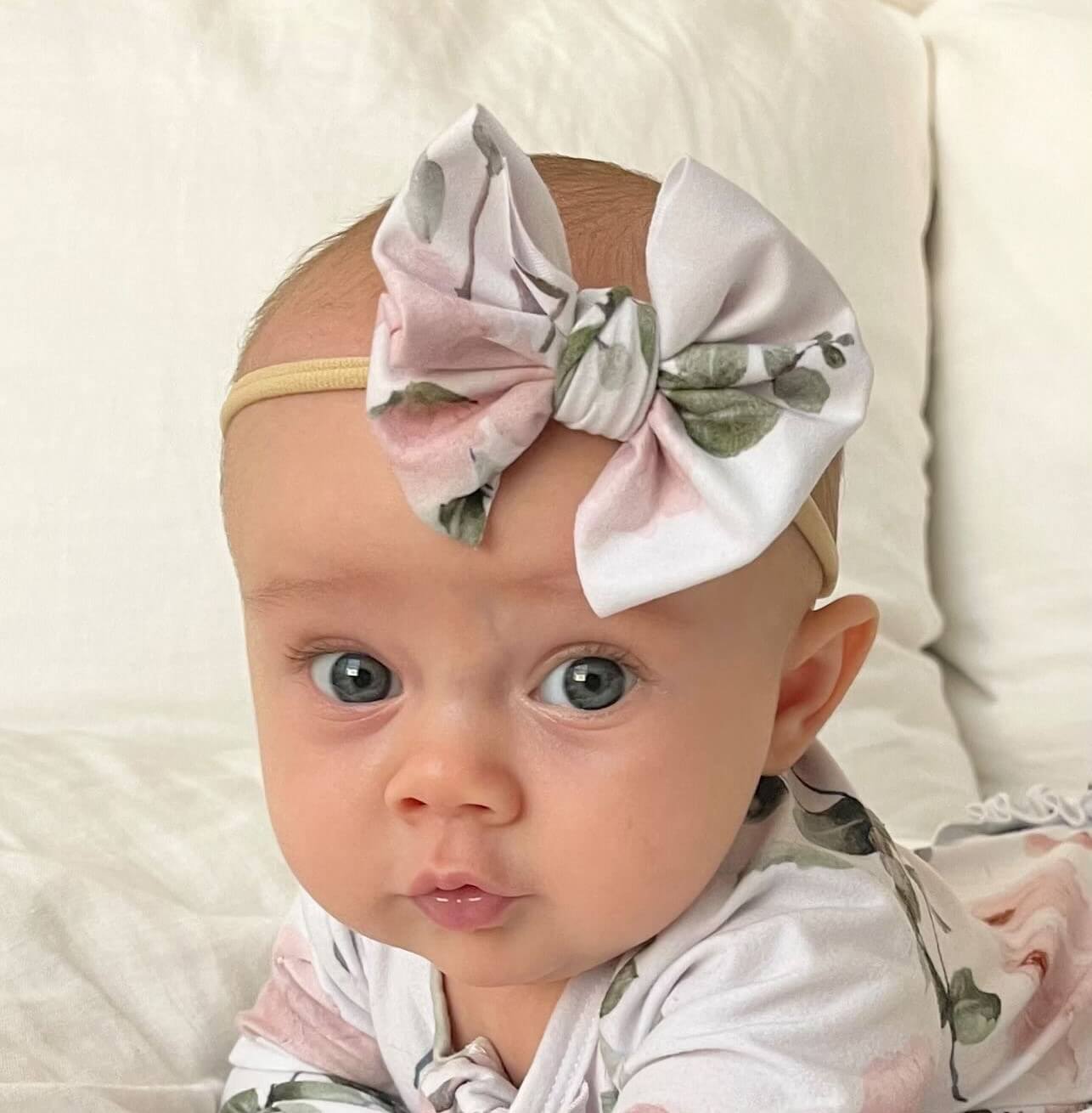 pink floral knit bow headband for baby