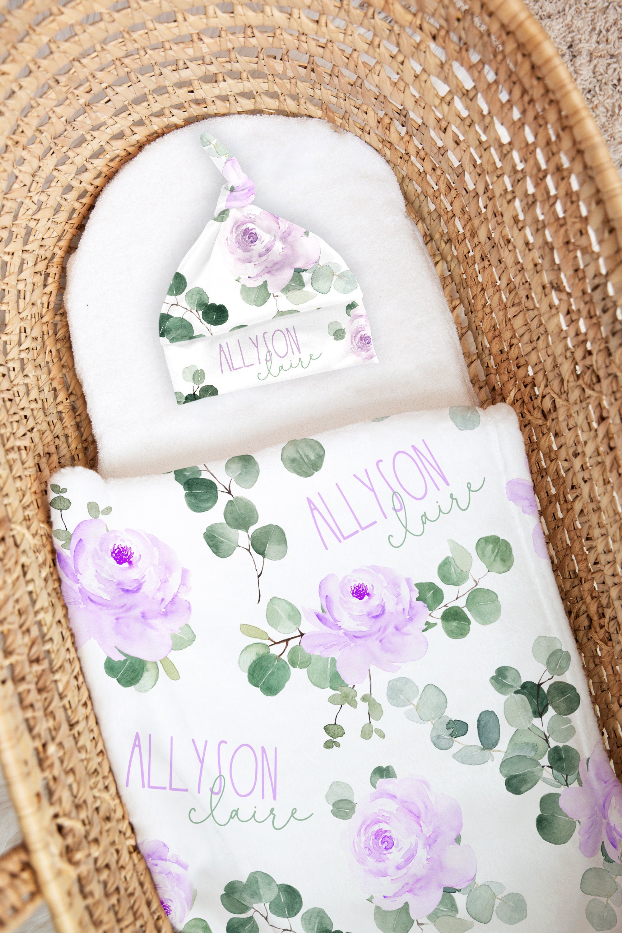 Purple Rose Two Names Eucalyptus Swaddle Blanket Headband Hat Set Capmome