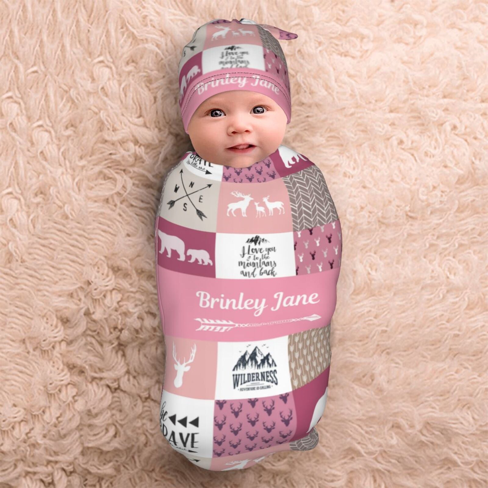 Personalized Woodland Swaddle Baby Blankets and Hats Capmome